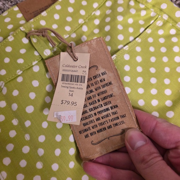 Coldwater Creek Seeing Spots Ankle Jeans Lime Green Polka Dot Womens 14 NWT - Picture 5 of 7